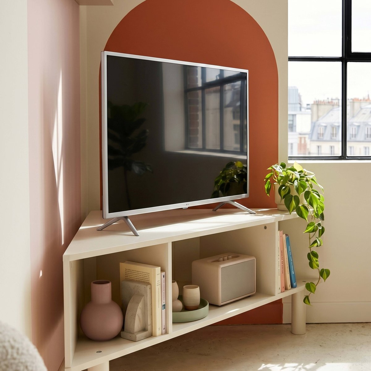 Meuble TV d'angle coloré 120 cm, BRADY crème, OVIALA