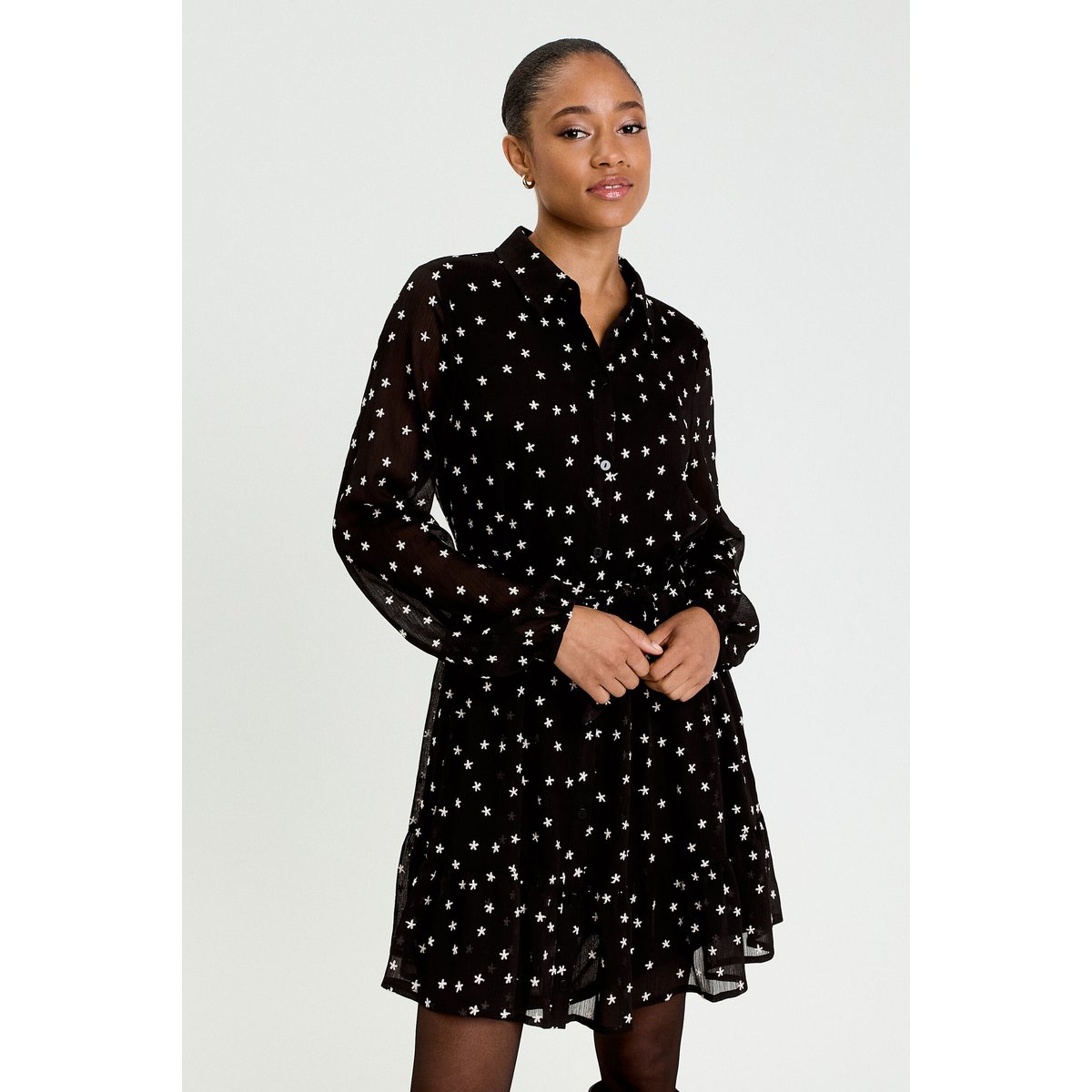Robe brodée évasée manches longues noir, CACHE CACHE