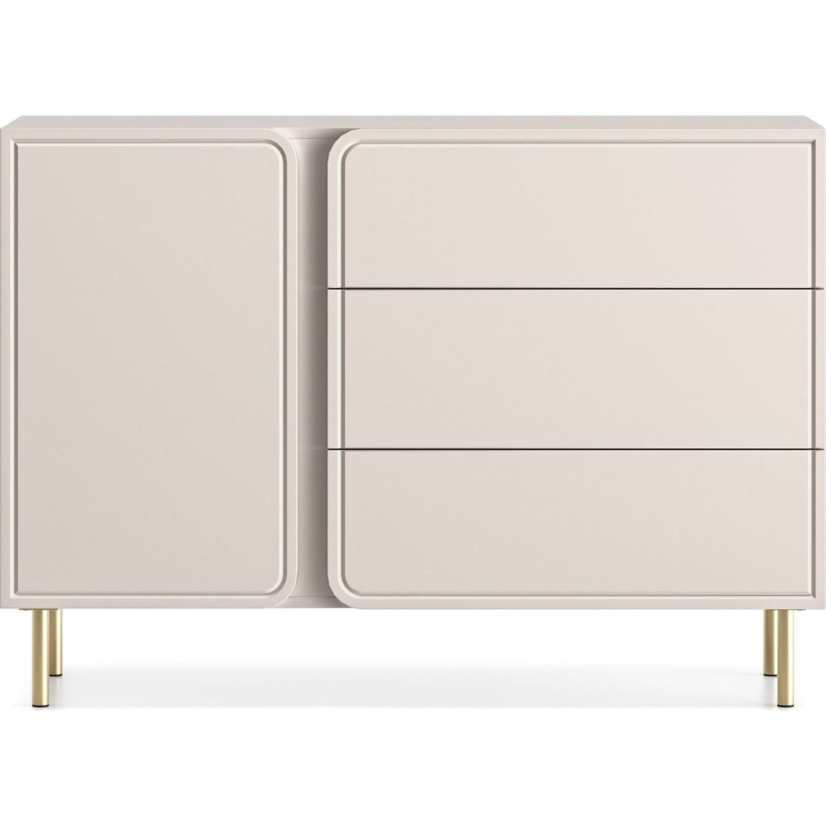 Commode en bois LOPPA 3 tiroirs beige cachemire mat et pieds dorés, RECOLLECTION