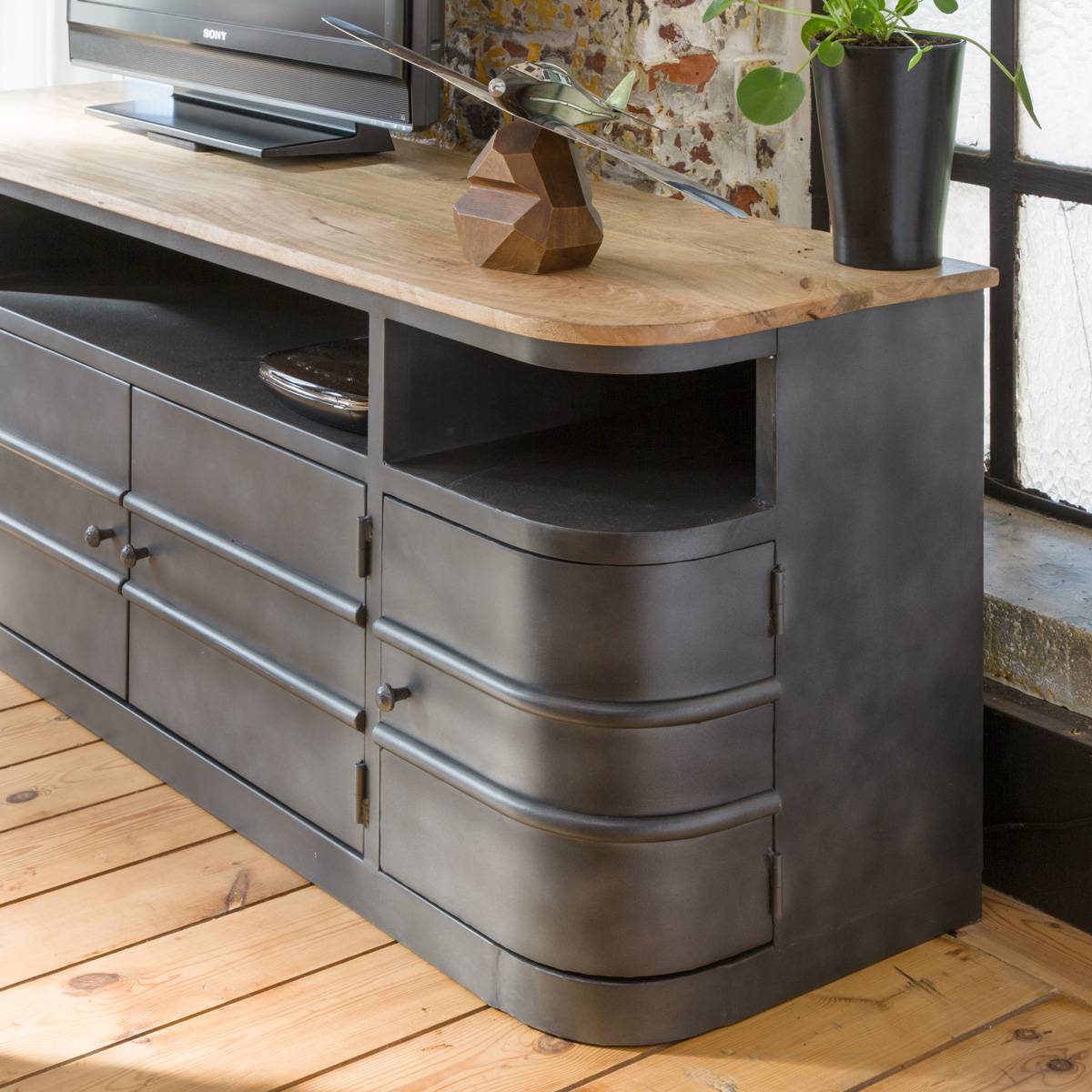 Meuble TV en métal et bois massif LOCKER gris, MADE IN MEUBLES 