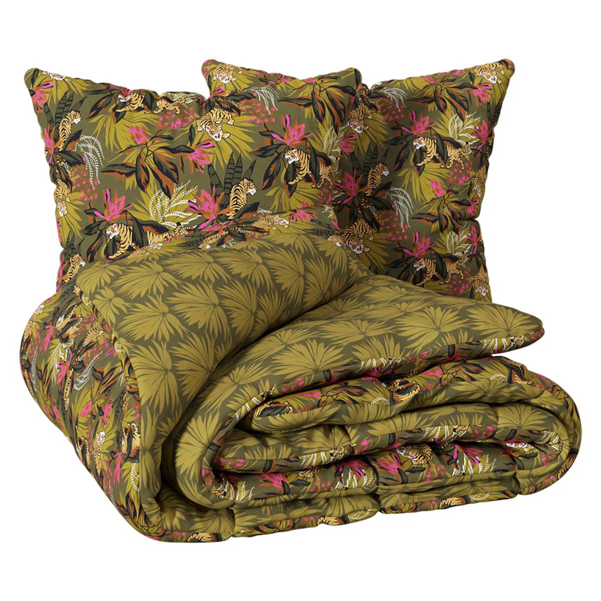Parure de lit imprimée réversible TROPICAL BOUDOIR vert kaki, ATMOSPHERA