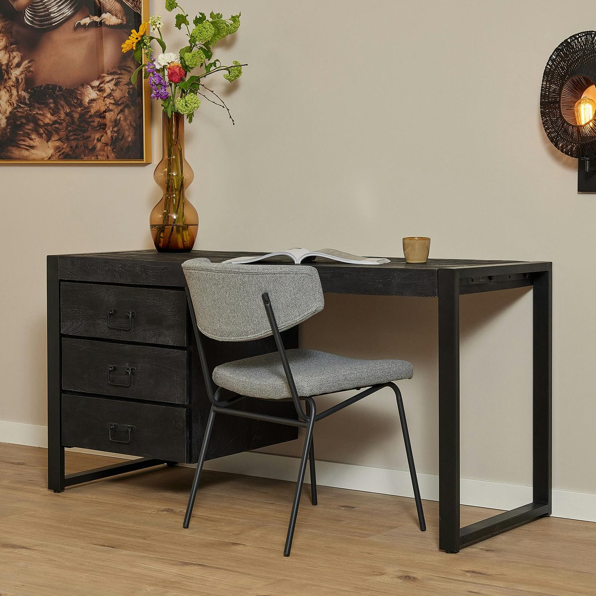 Bureau bois / métal 3 tiroirs MILORA noir, PIER IMPORT