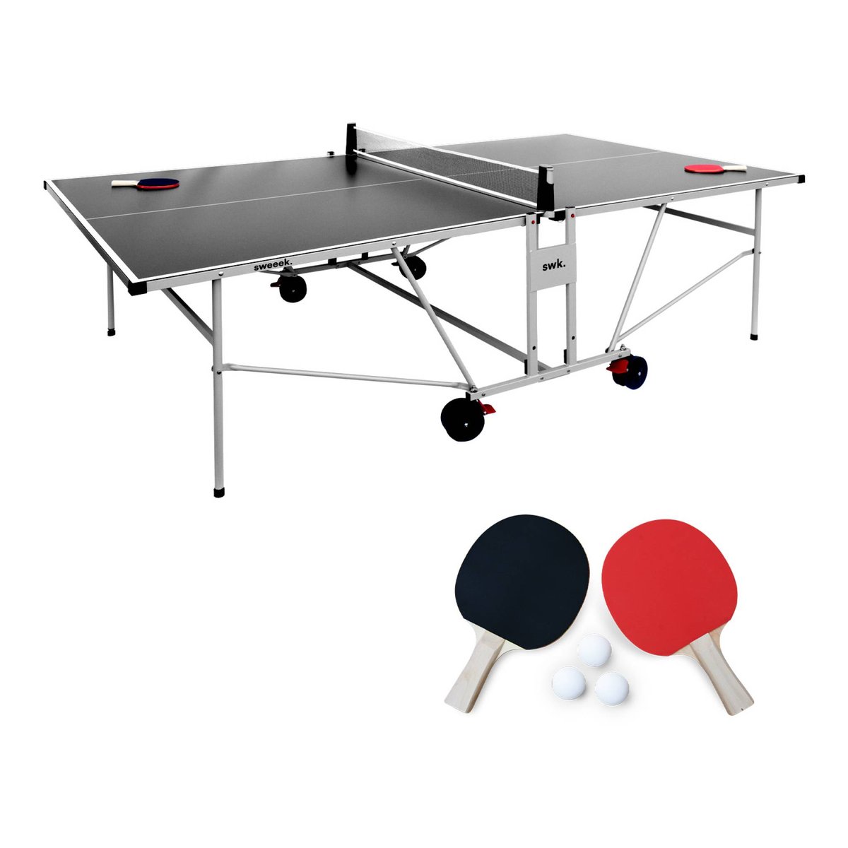 Table de ping pong intérieure avec 2 raquettes 3 balles et housse de protection TABLE DE PING PONG INTÉRIEURE + HOUSSE DE PROTECTION gris, SWEEEK