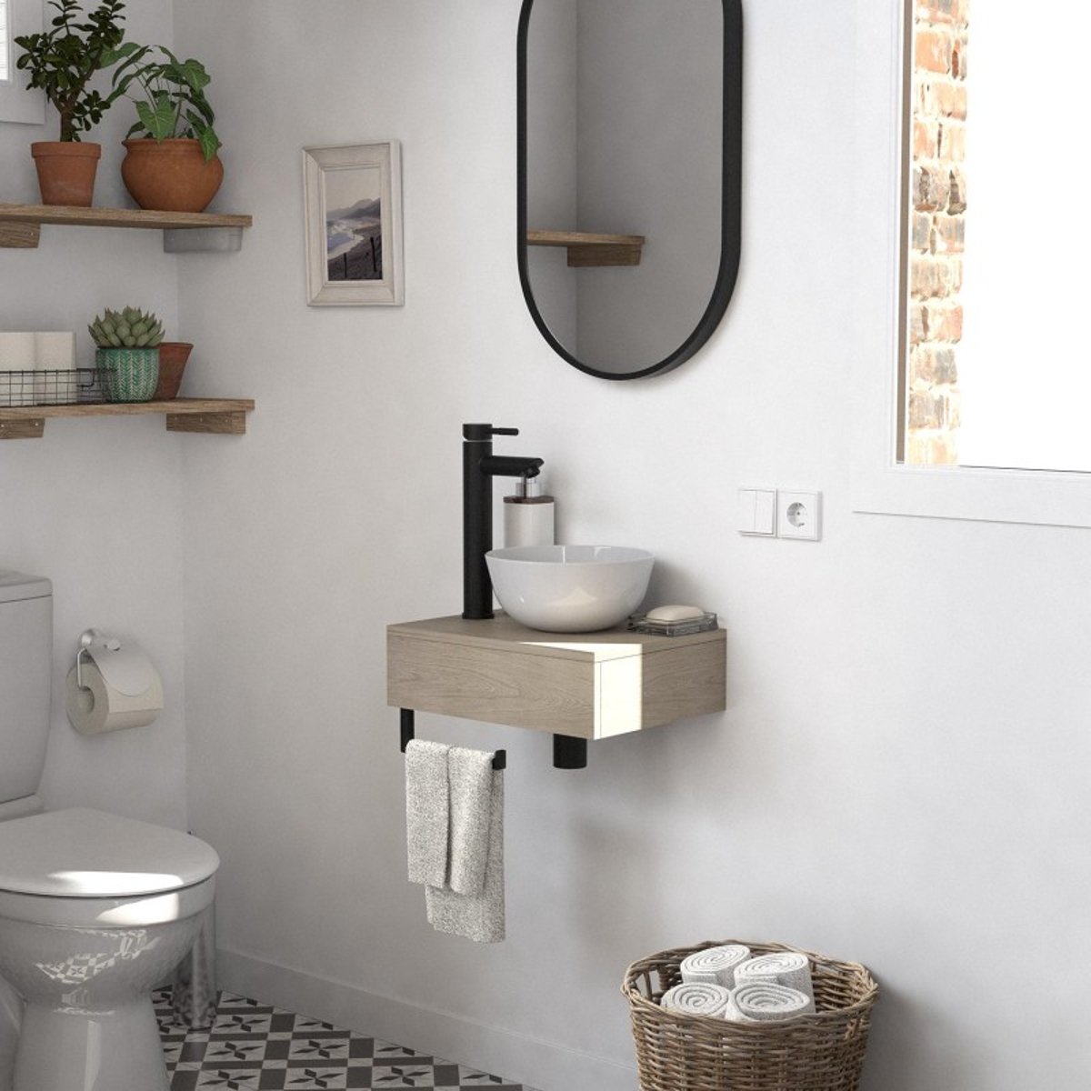 Lave-mains plan épais + vasque SOHO décor chêne, MOB IN