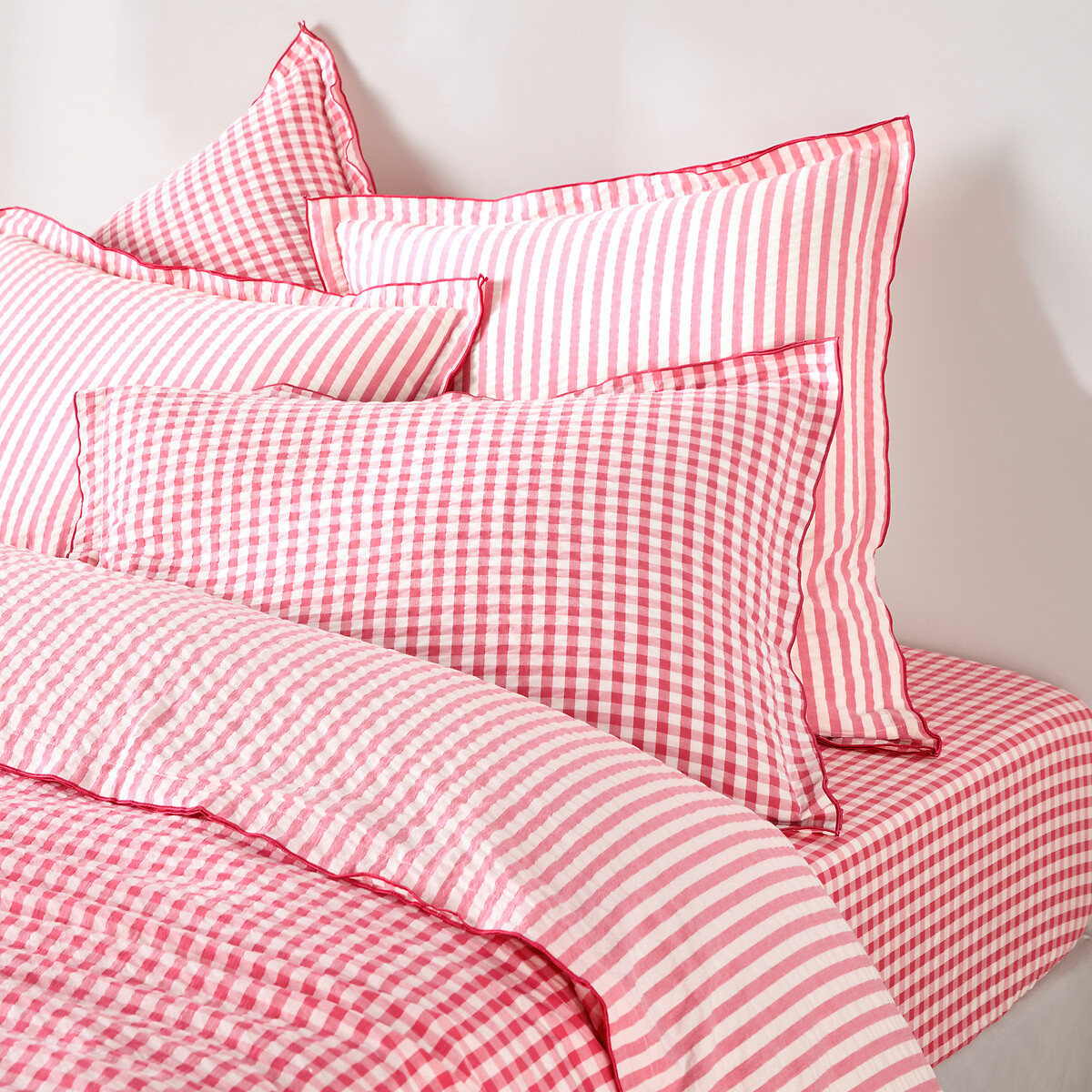 Fixleintuch COTTAGE FRAMBOISE, Baumwolle Seersucker 30 cm himbeere, LA REDOUTE INTERIEURS