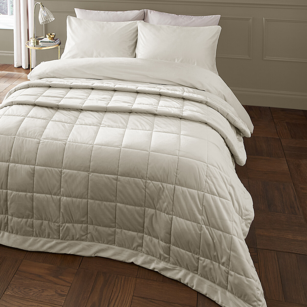Kingsley Matt Velvet Quilted Bedspread - 220x220cm cream, CATHERINE LANSFIELD