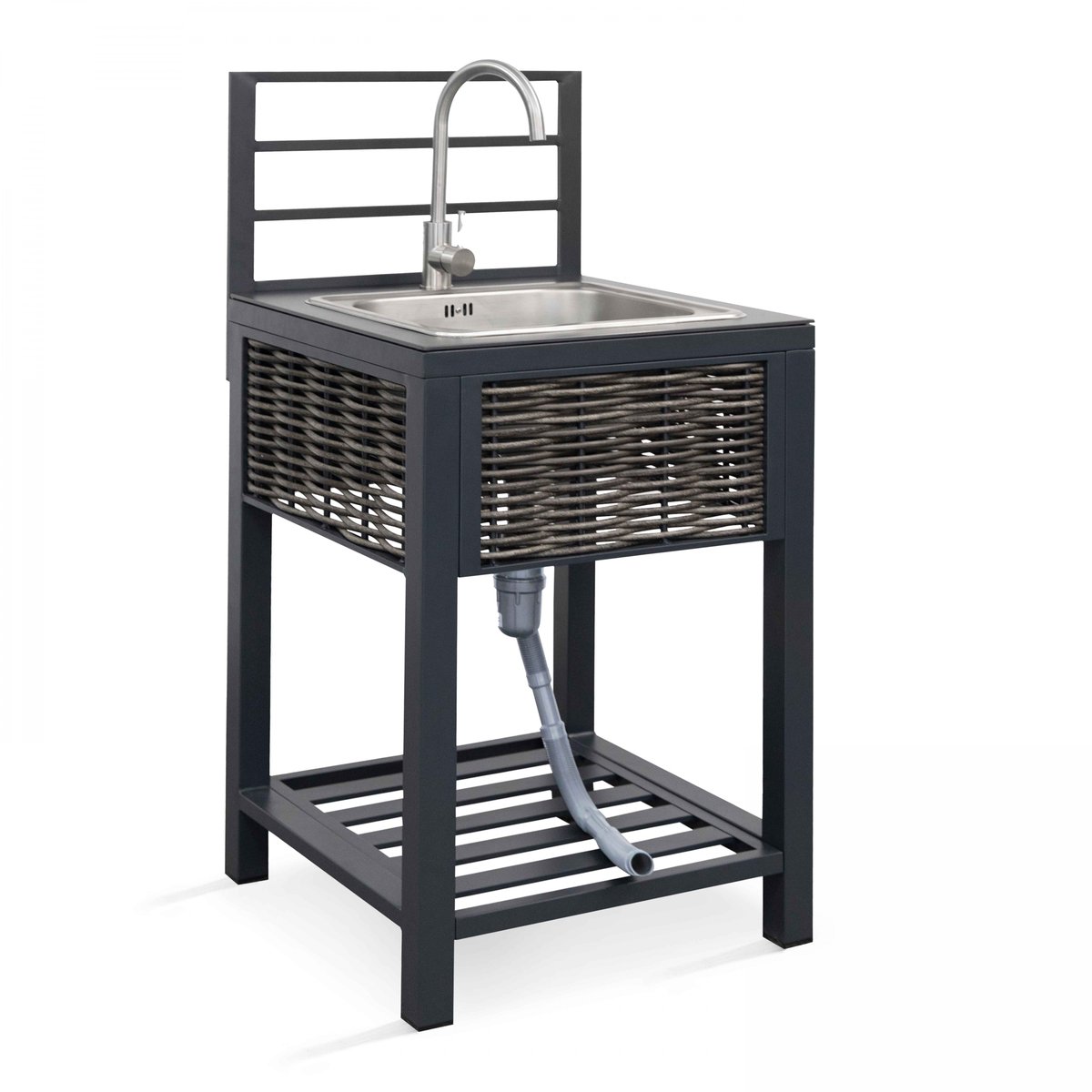 Meuble évier cuisine extérieure aluminium/résine tressée, CLARI gris anthracite, OVIALA
