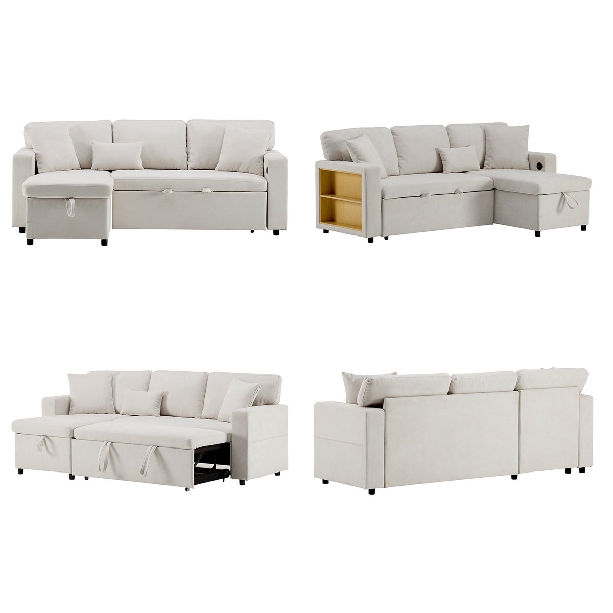 Canapé d’angle convertible 4 places en tissu gris foncé avec coffre de rangement, port USB intégré et étagère latérale, SCANDA beige, MEUBLES COSY
