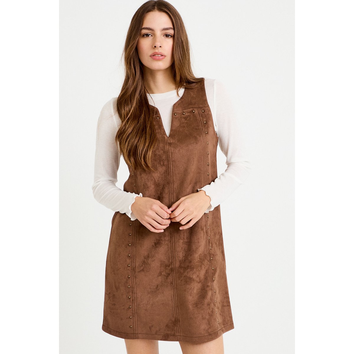 Robe droite courte sans manches col rond marron, CACHE CACHE