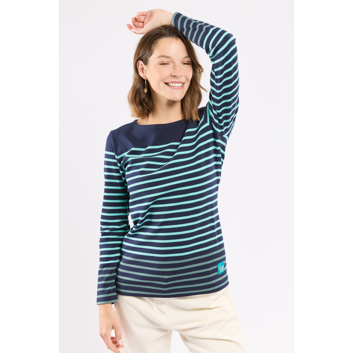 Marinière bicolore en coton épais marine deep/ pool blue/ si, ARMOR-LUX