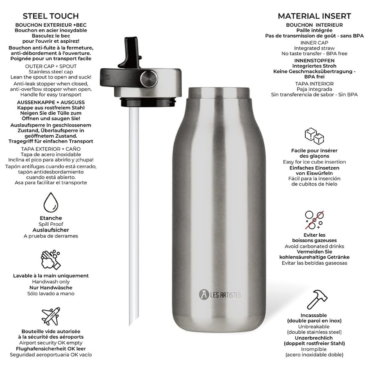 Bouteille isotherme 2.0 Pearl 1L gris, LES ARTISTES PARIS