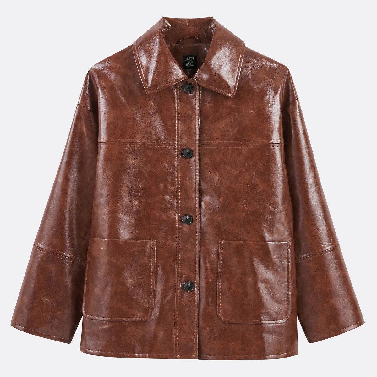 Mid-Length Buttoned Jacket in Faux Patent Leather brown, LA REDOUTE COLLECTIONS