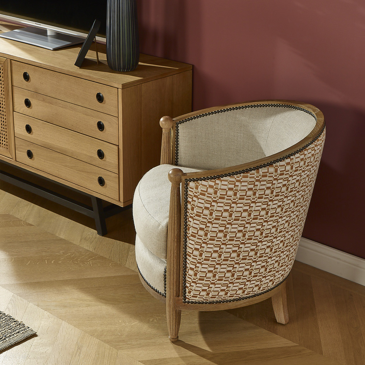Fauteuil tonneau en chêne et lin CAROLE lin, ROBIN DES BOIS