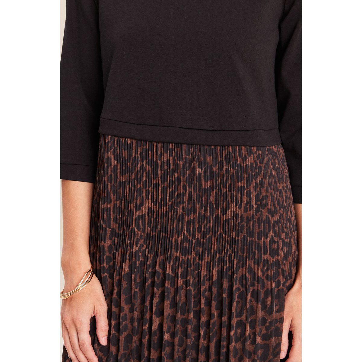 Robe bi-matière évasée col rond marron, BREAL