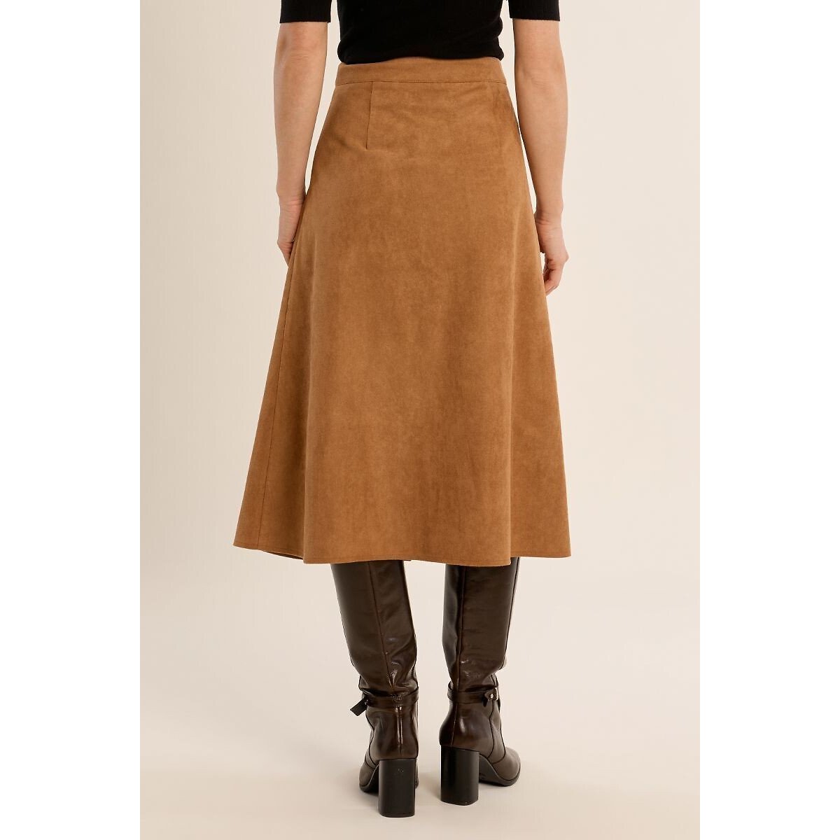 Jupe mi-longue boutonnée en suédine camel, MOLLY BRACKEN