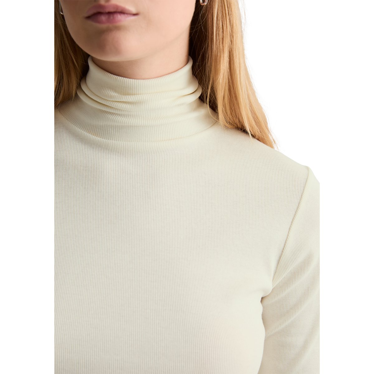 T-shirt long à col roulé slim en jersey côtelé doux beige, MARC O’POLO DENIM