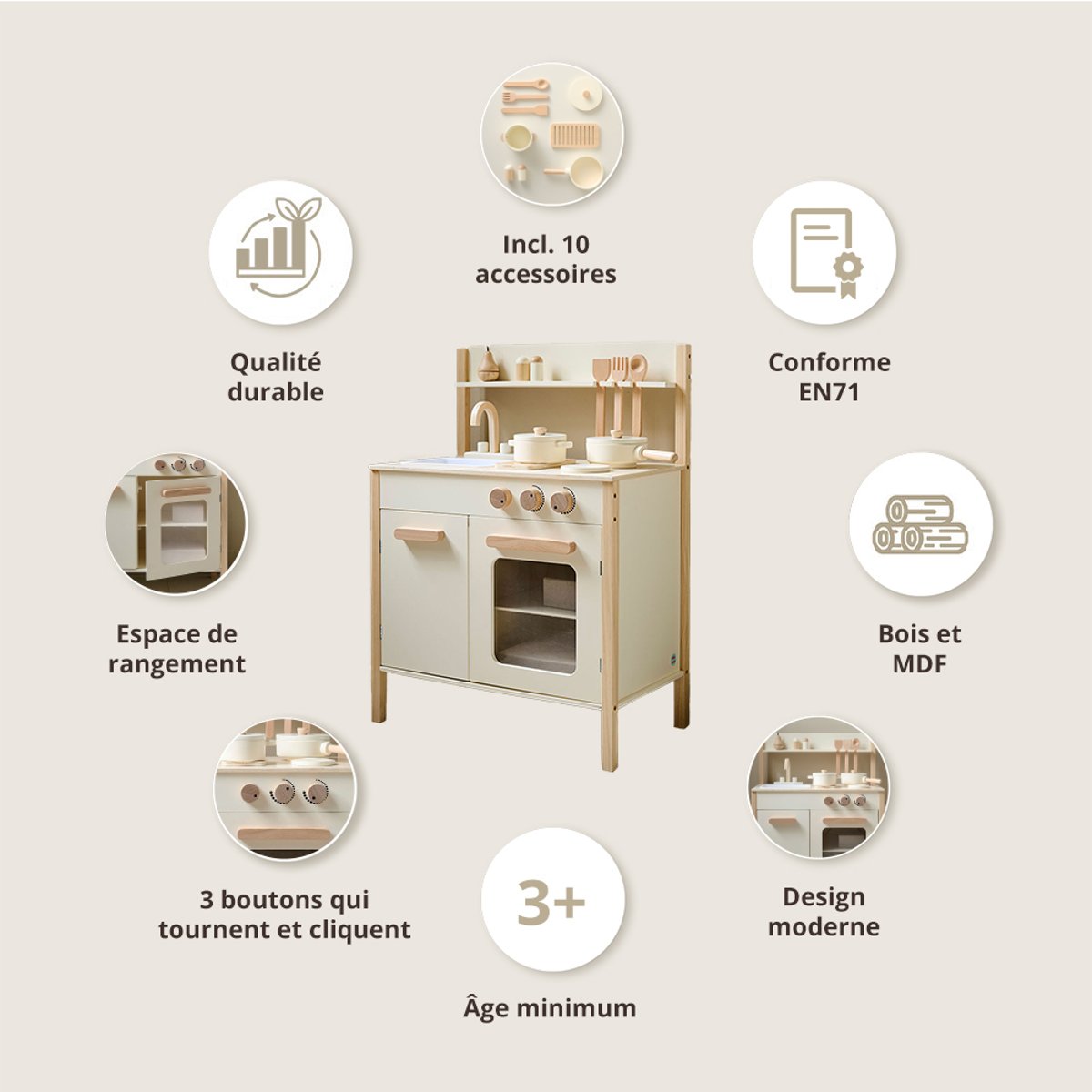 Cuisine en bois enfant CHANTILLY beige, PETITE AMELIE