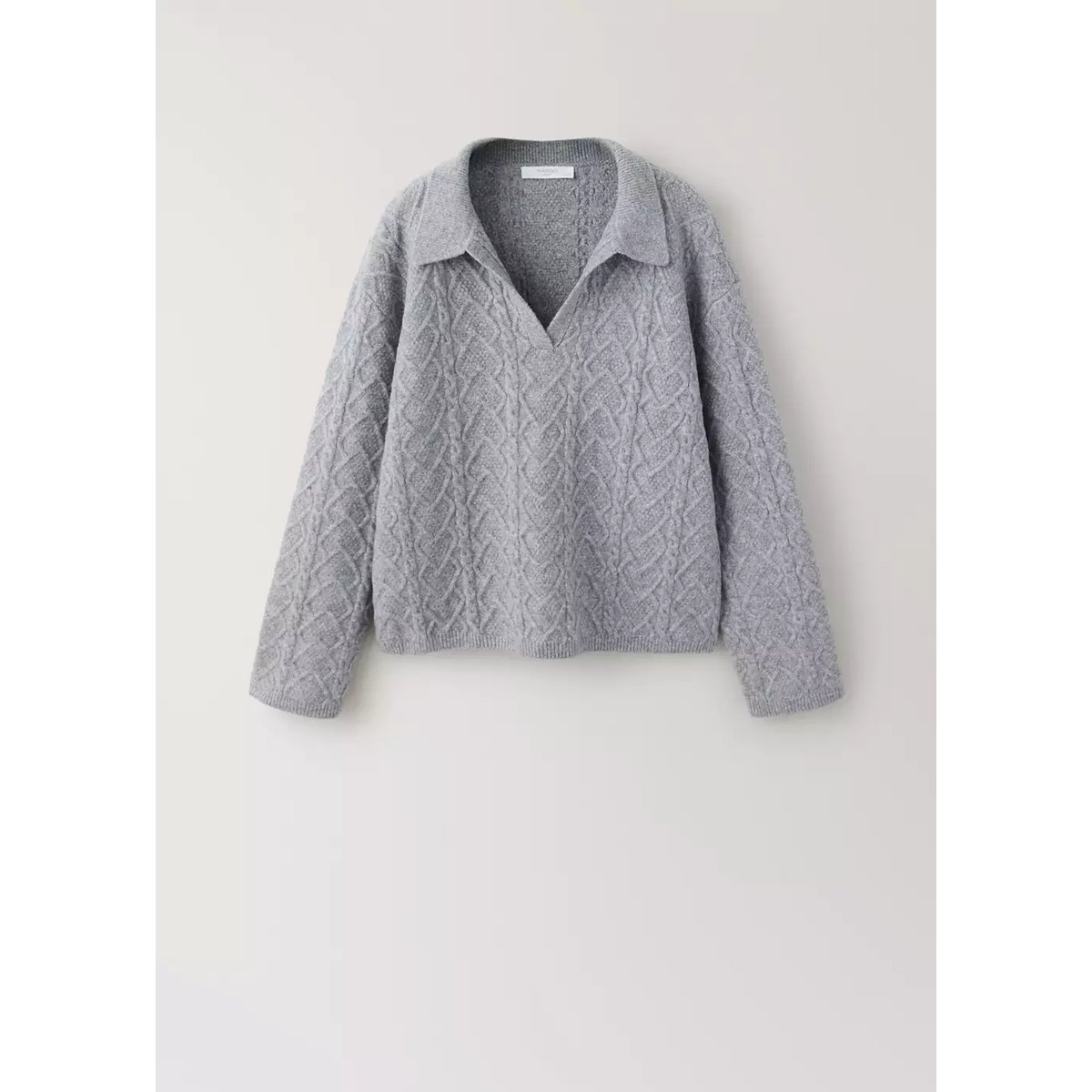 Pull tressé col polo gris, MANGO