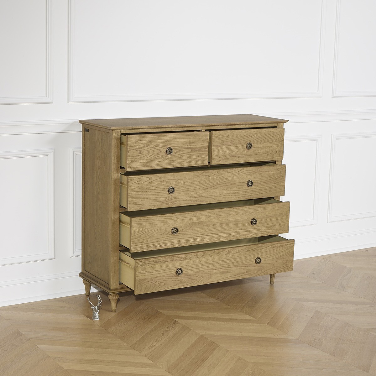 Commode style shabby chic en chêne, 5 tiroirs OLIVIA marron, ROBIN DES BOIS