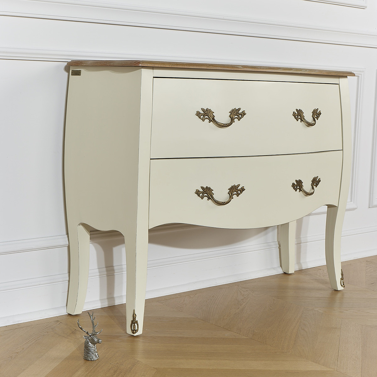 Commode style shabby chic, plateau chêne, 2 tiroirs AQUITAINE blanc, ROBIN DES BOIS