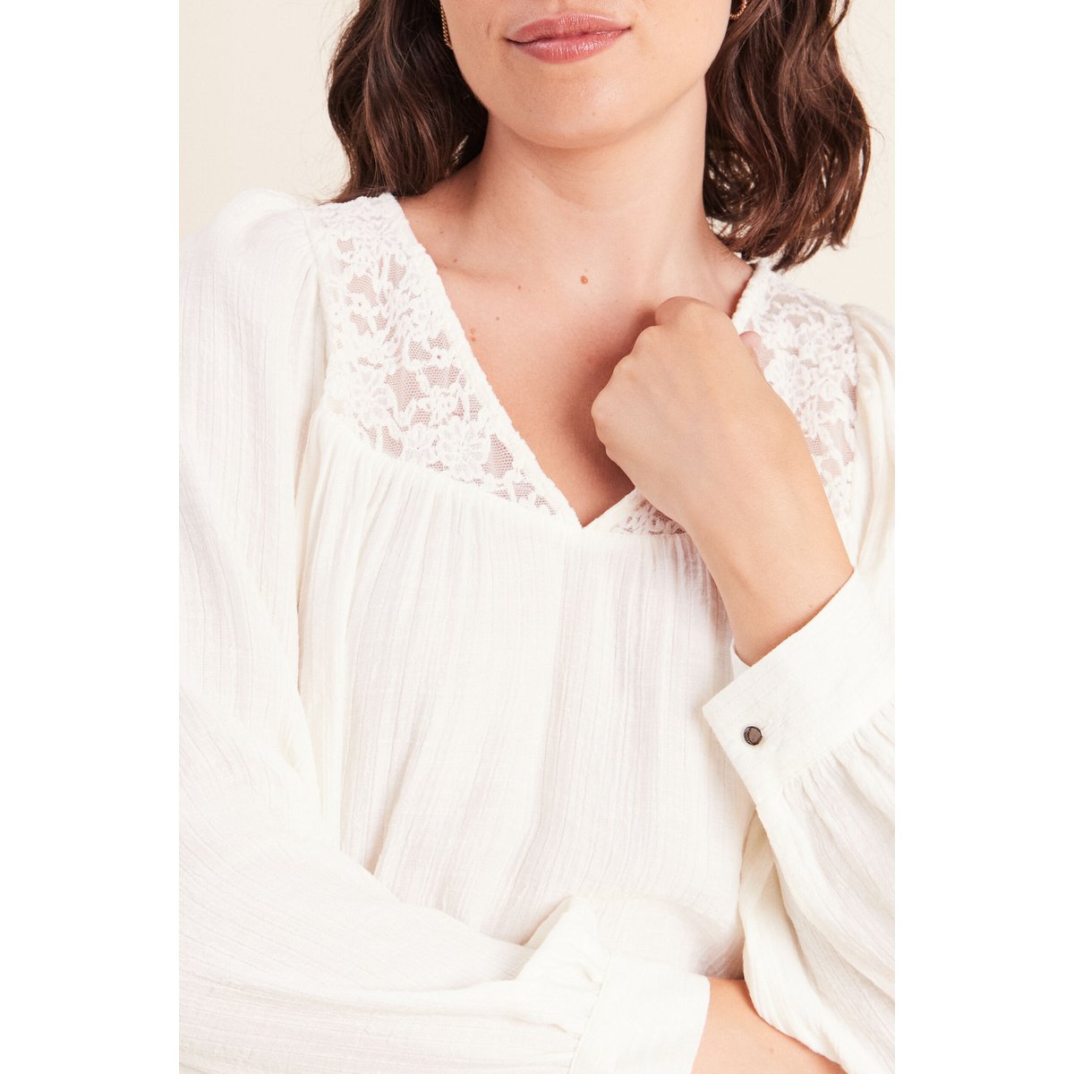 Chemise ample col v manches longues ecru, BREAL