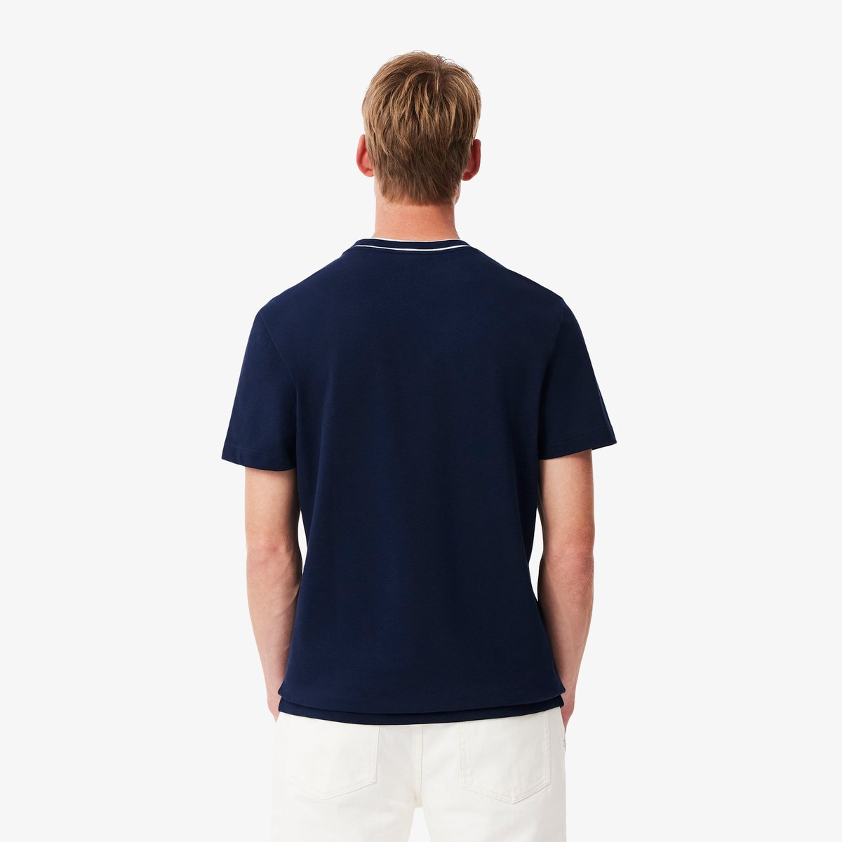T-shirt en Piqué stretch col rayé bleu-166, LACOSTE