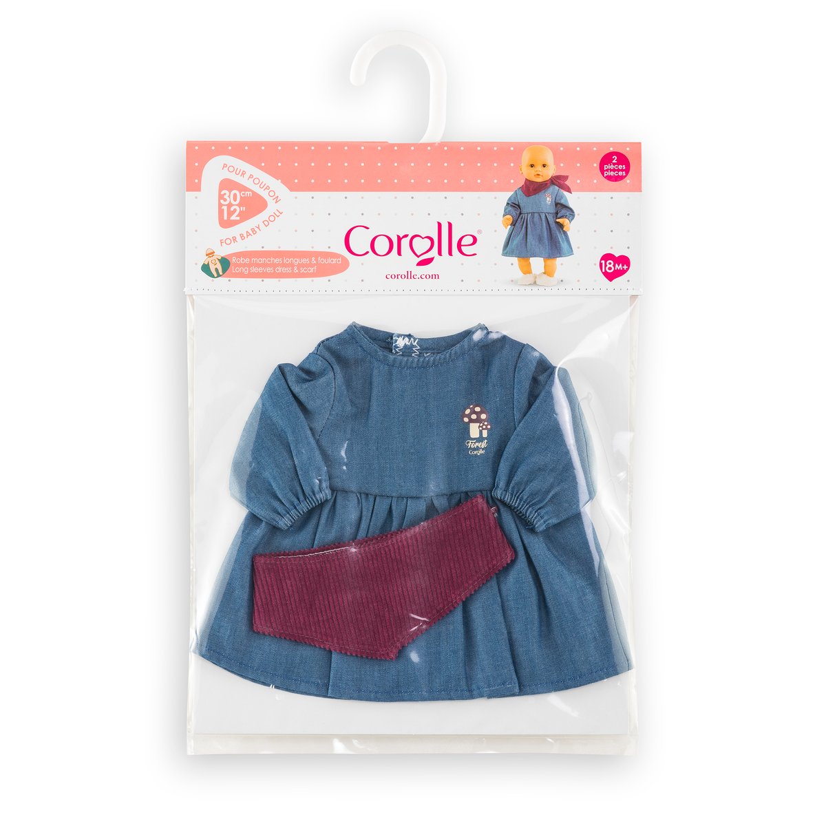 Robe en Jean Manches Longues & Foulard pour poupon 30 cm couleur unique, COROLLE
