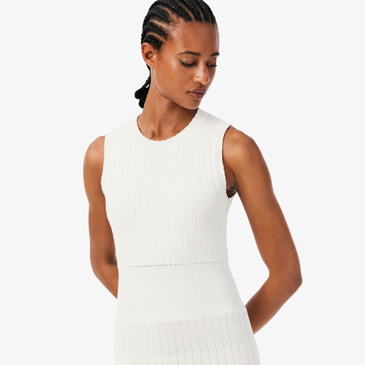 Robe côtelée coton mélangé à plis blanc-70v, LACOSTE
