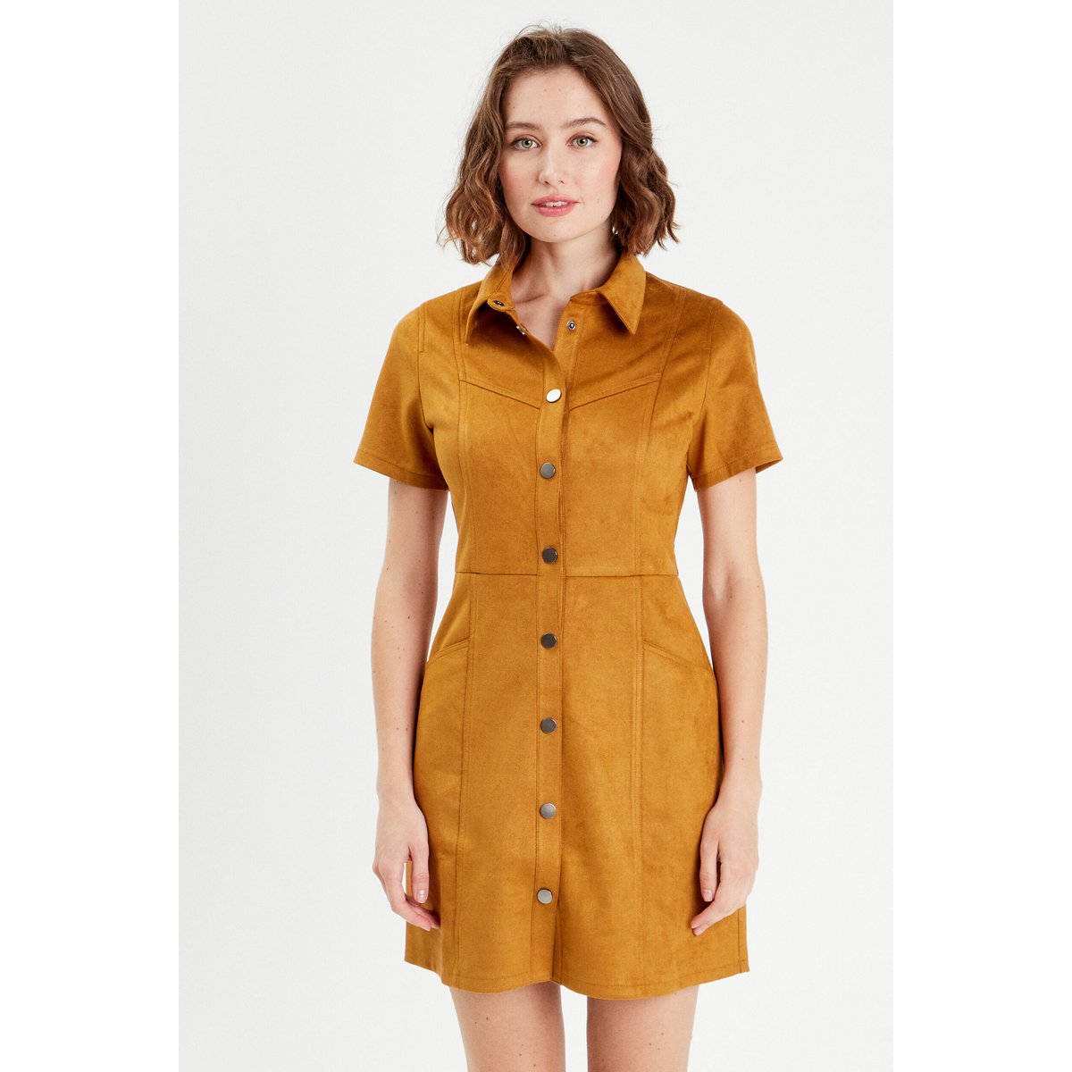 Robe droite boutonnée suédine camel, CACHE CACHE