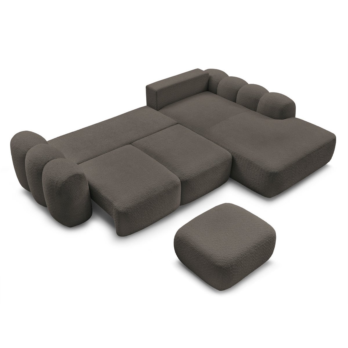 Canapé d'angle convertible 3 places en tissu bouclette avec pouf, MONTAIGNE marron, BOBOCHIC
