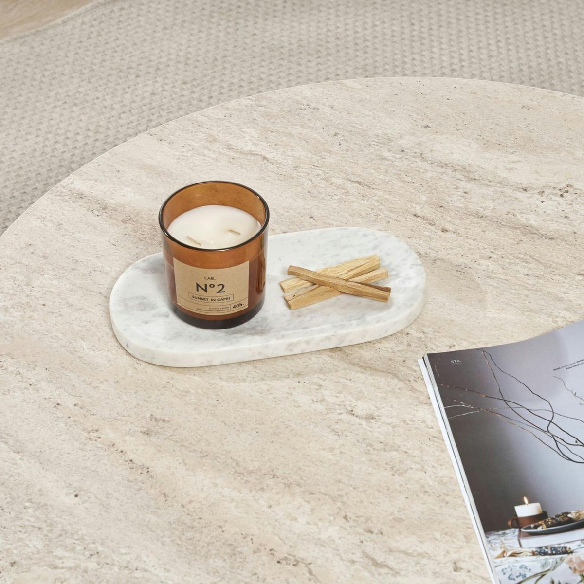 Table basse ronde décor travertin et noyer MARFA beige, PIER IMPORT