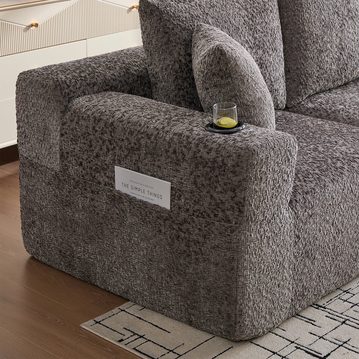 Canapé d'angle compressé 3 places en chenille, LANDIA gris, MEUBLES COSY
