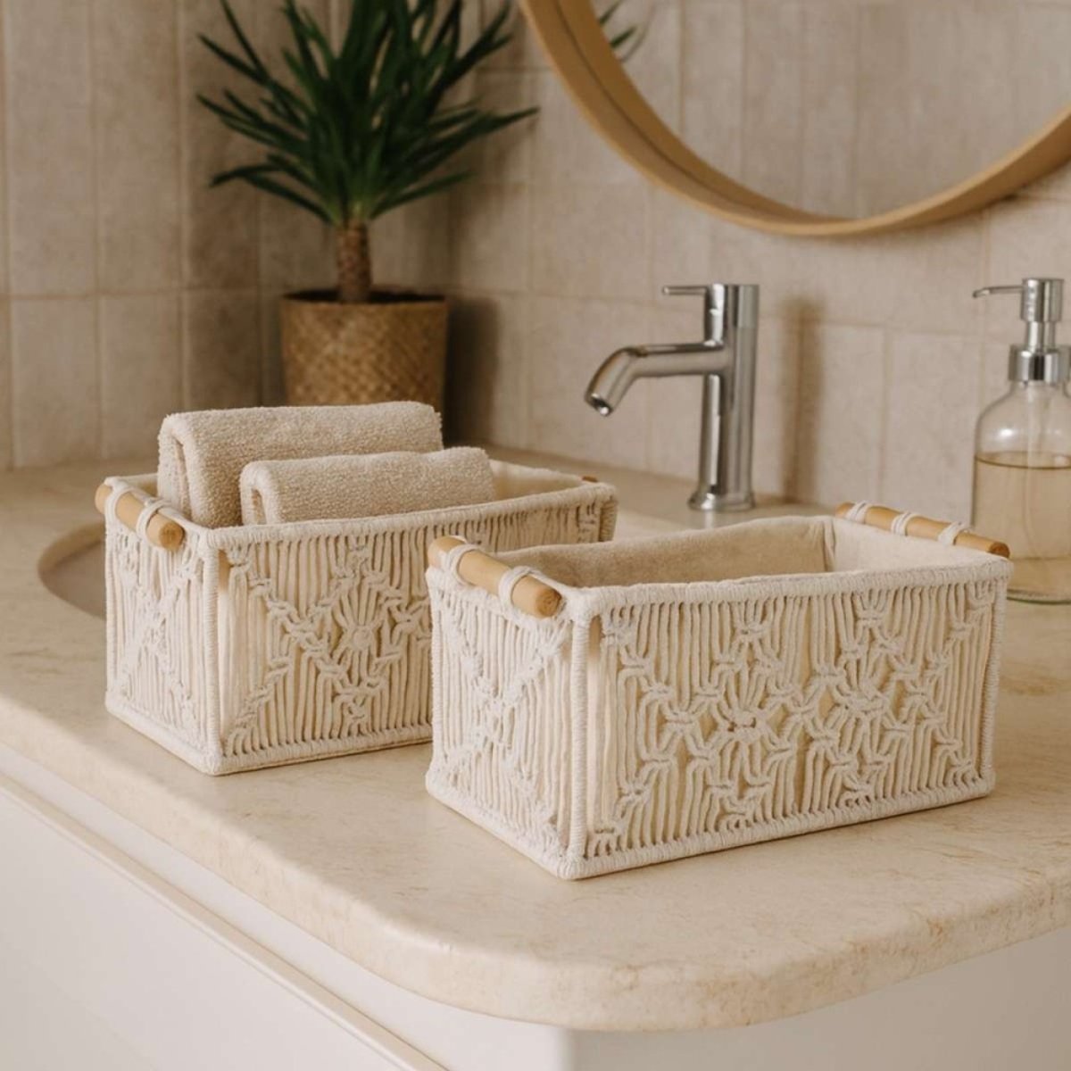 Set de 2 paniers déco tissu macramé beige, ORNAMI