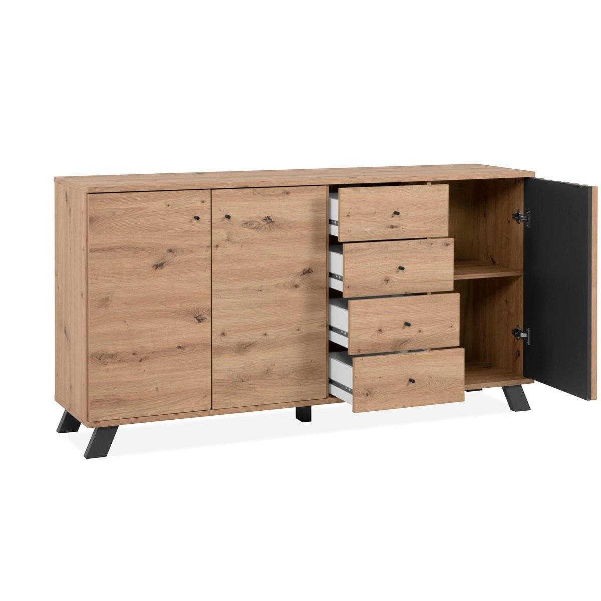 Buffet long moderne 1 porte noire rainurée 160 cm ALVA bois naturel, PIER IMPORT