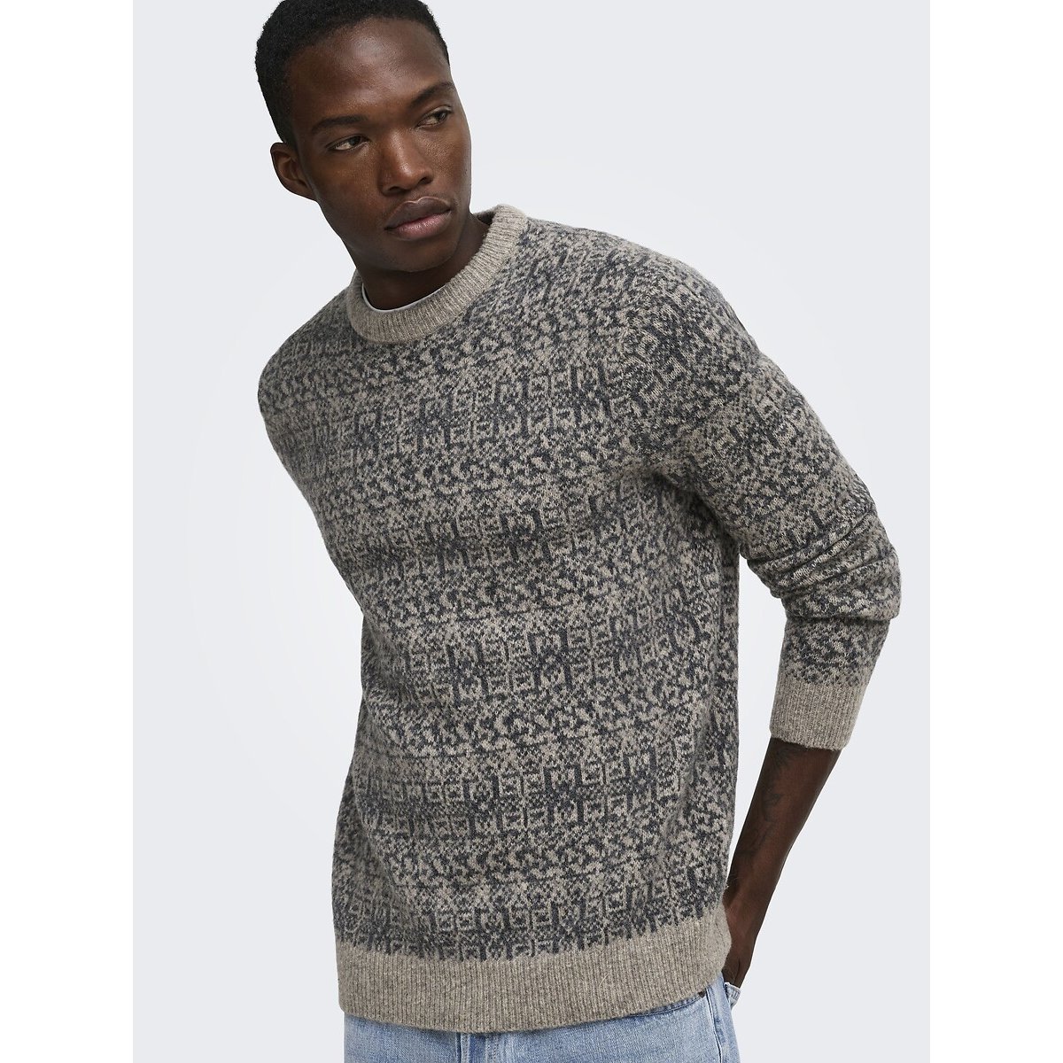 Pull col rond, en 61% laine, Nordic beige, ONLY & SONS