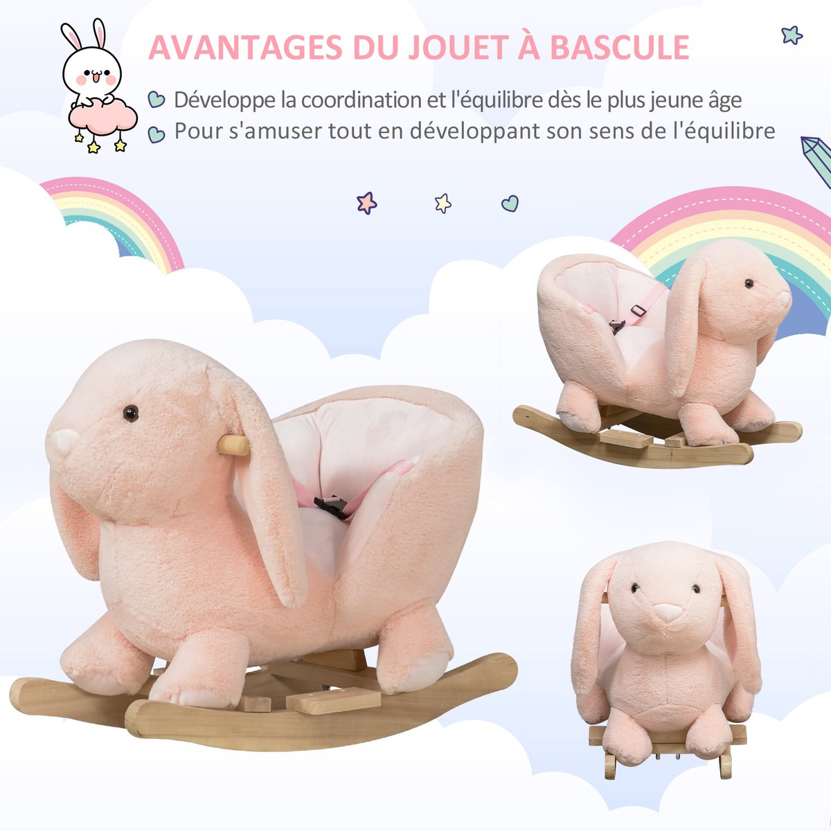 Cheval à bascule pour enfants peluche Rose rose, HOMCOM