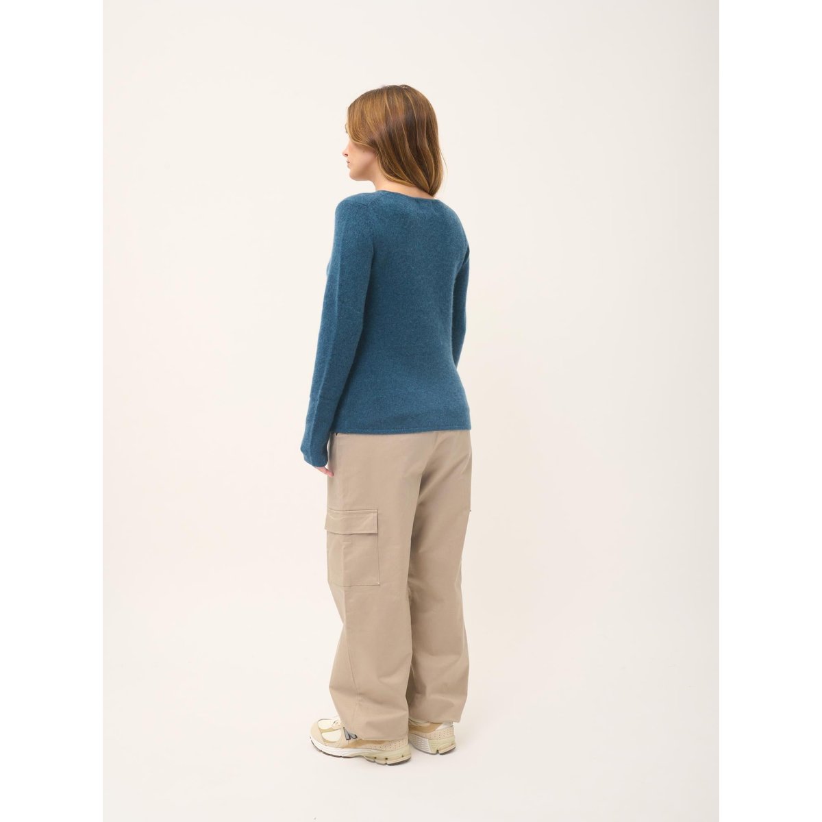 Pull Col Rond 4 Fils Vert Canard Chiné Joyce bleu foncé, JUST CASHMERE
