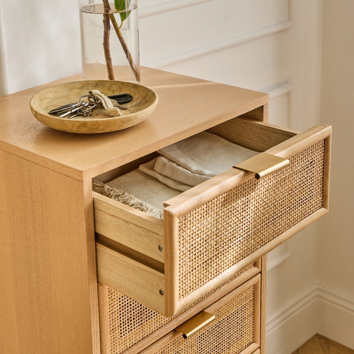 Chiffonnier 5 tiroirs façades en rotin naturel - L36.5 x H100.5 cm - MIYA bois clair, CALICOSY
