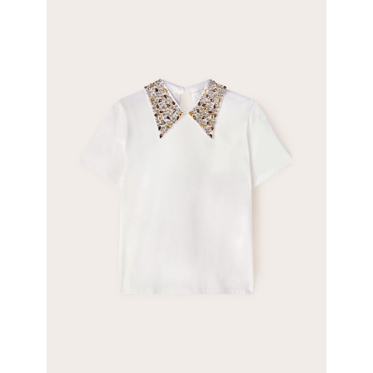 T-shirt avec col brodé de pierres blanc, MOTIVI
