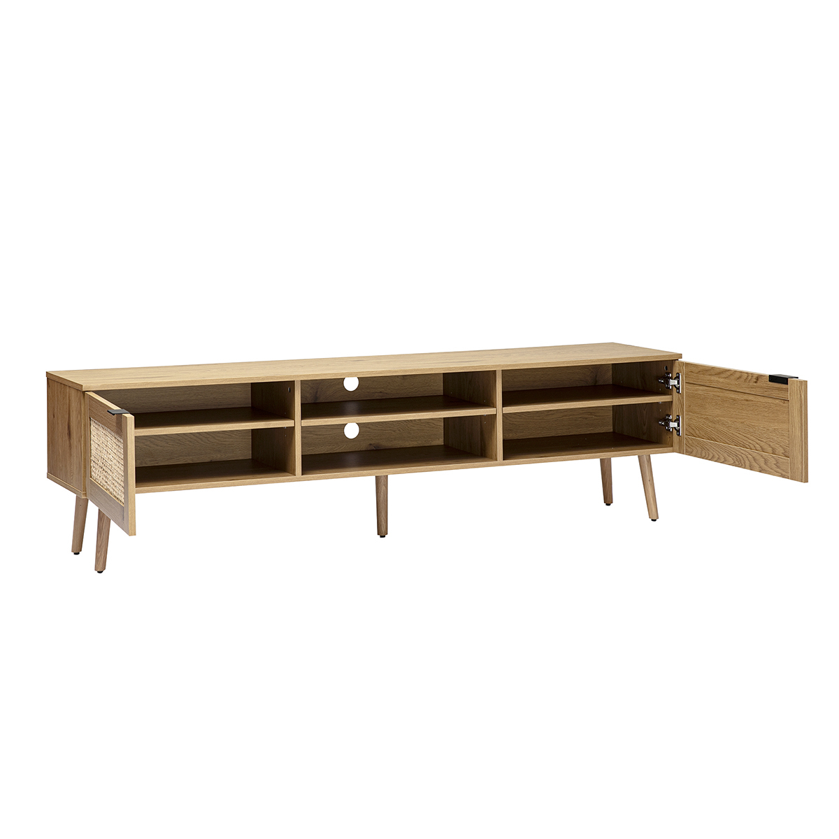 Meuble TV finition bois clair, cannage rotin et métal noir 2 portes L180 cm MANILLE marron, MILIBOO