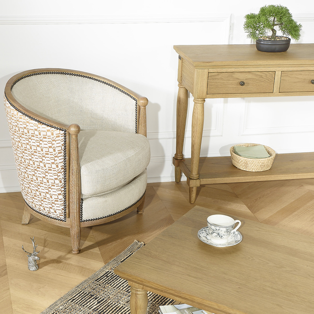 Fauteuil tonneau en chêne et lin CAROLE lin, ROBIN DES BOIS