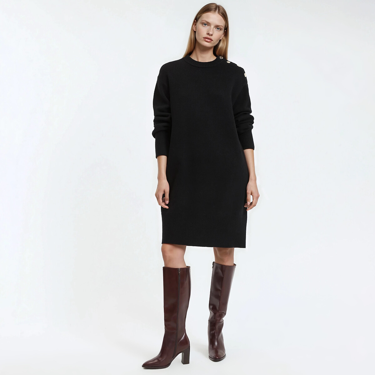 Mini Shift Dress in Wool with Long Sleeves black, LA REDOUTE COLLECTIONS