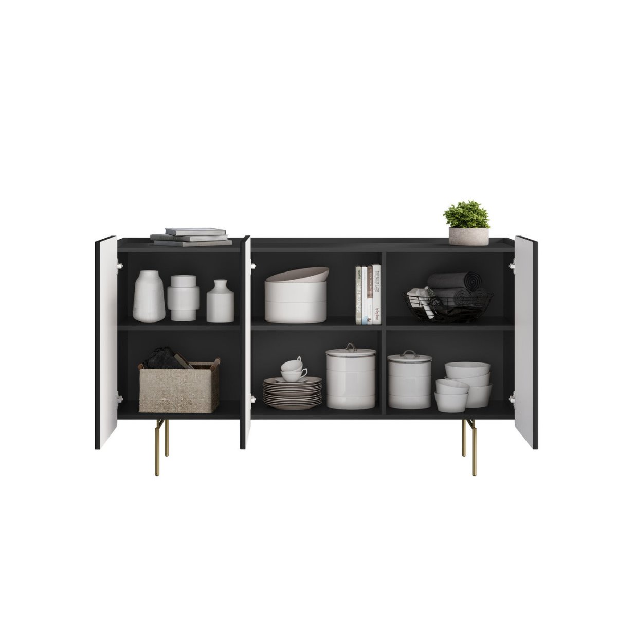 Buffet bas en panneaux de particules et MDF 4 portes 150 cm, MATHILDE noir, BOBOCHIC