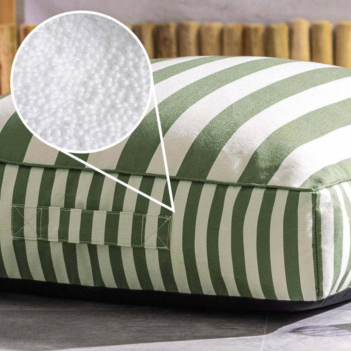 Pouf coussin de sol extérieur en tissu tissé rayé, Oeko-Tex® - SOLUS vert olive, ICON
