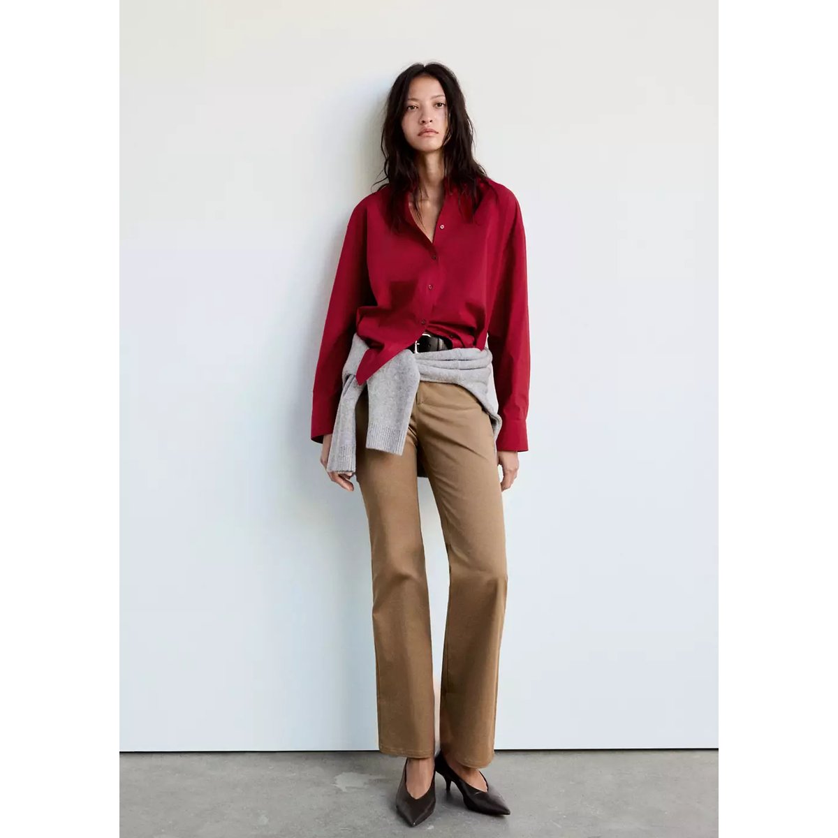 Chemise droite mélange coton et lyocell rouge, MANGO