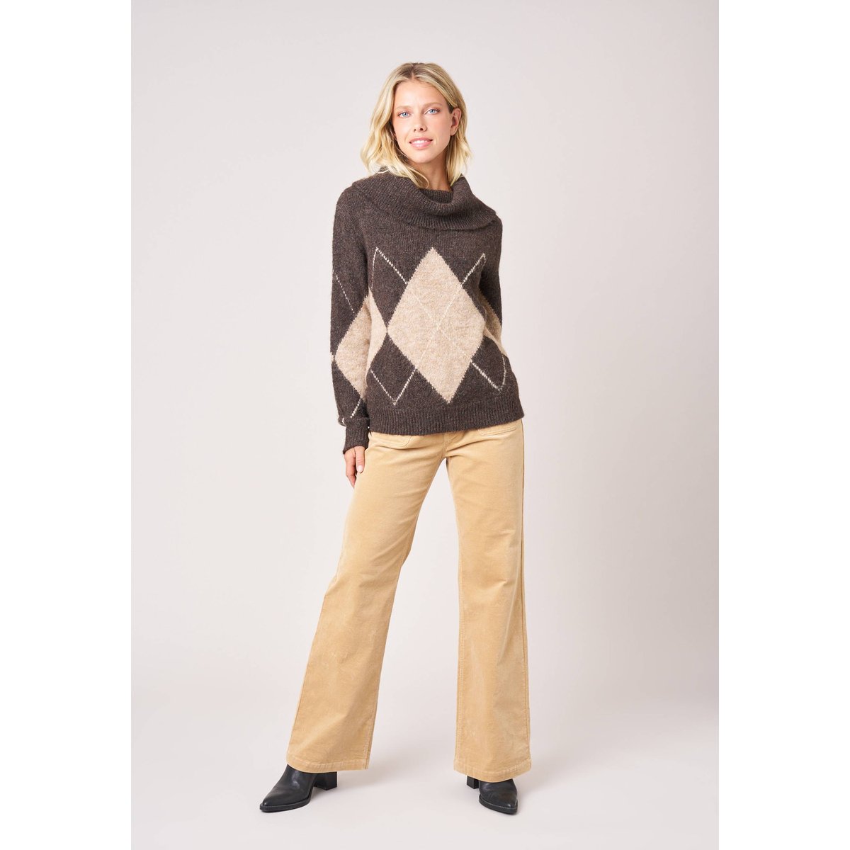 Pull femme jacquard losanges col roulé MARILOU brown, DEELUXE