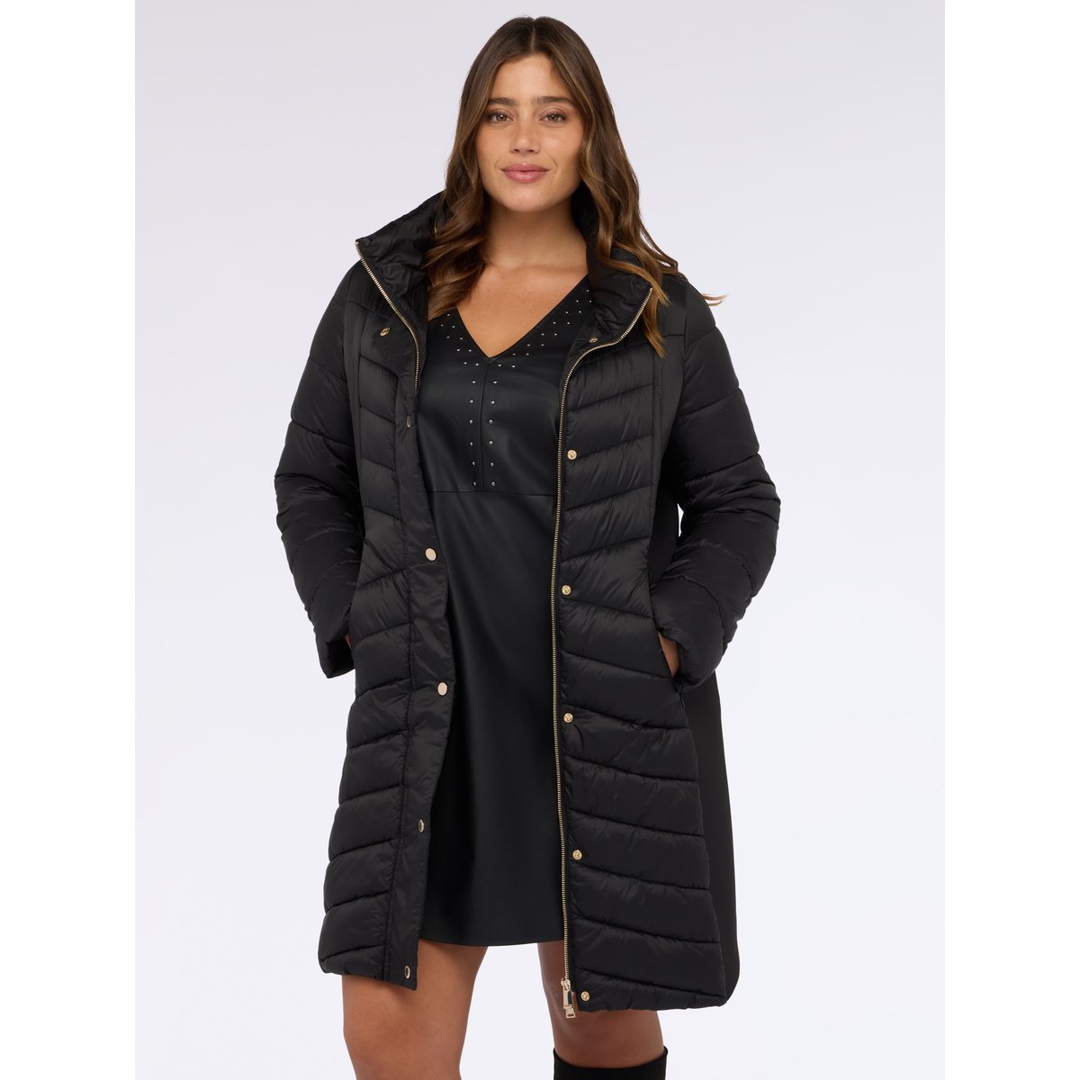 Veste matelassée longue avec capuche et surpiqûres noir, FIORELLA RUBINO