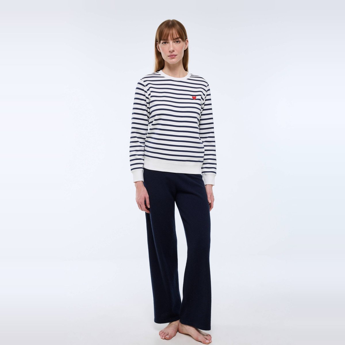 Sweat marinière avec broderie coeur en molleton blanc, MONOPRIX