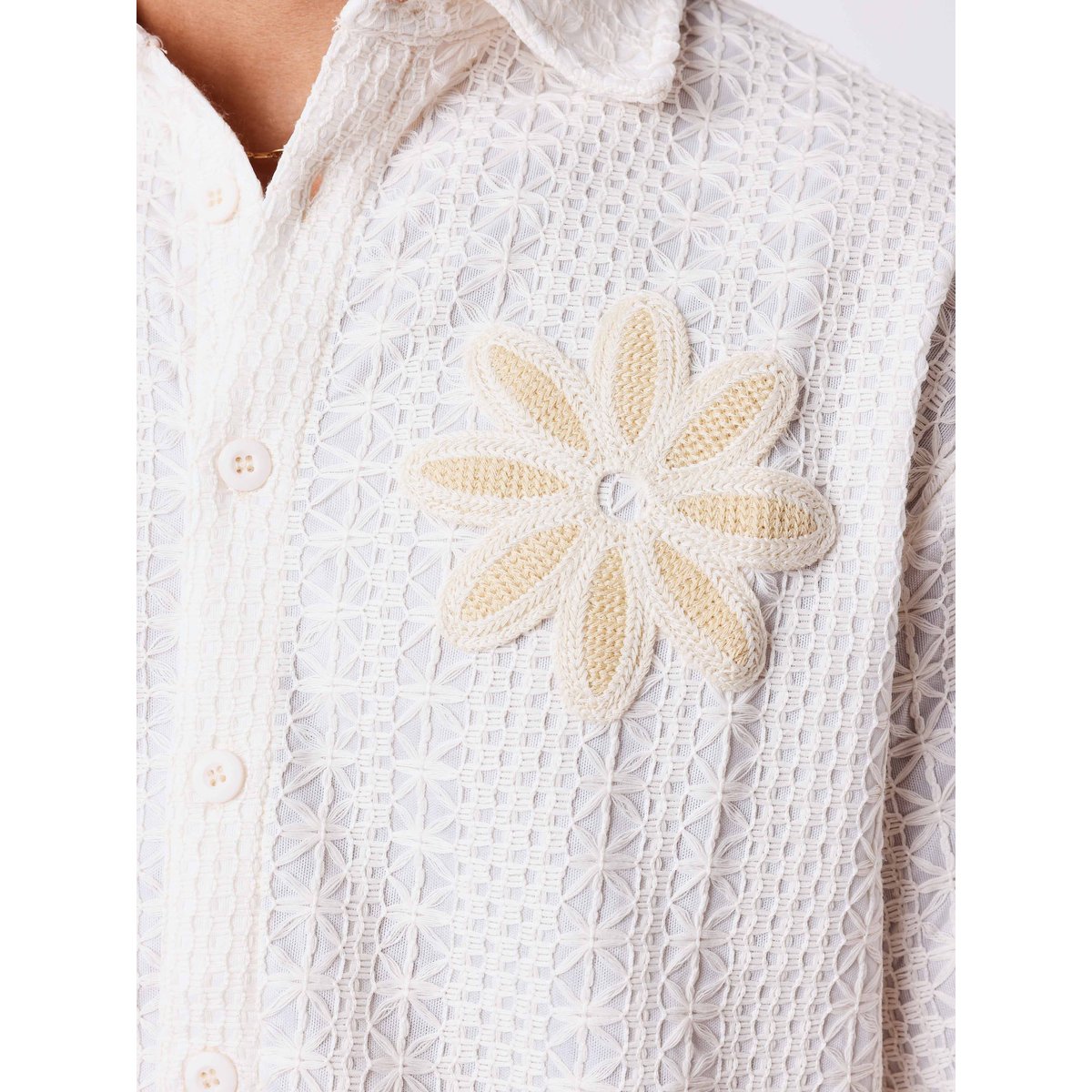 Chemise brodée ajourée avec fleur crème camel, PROJECT X