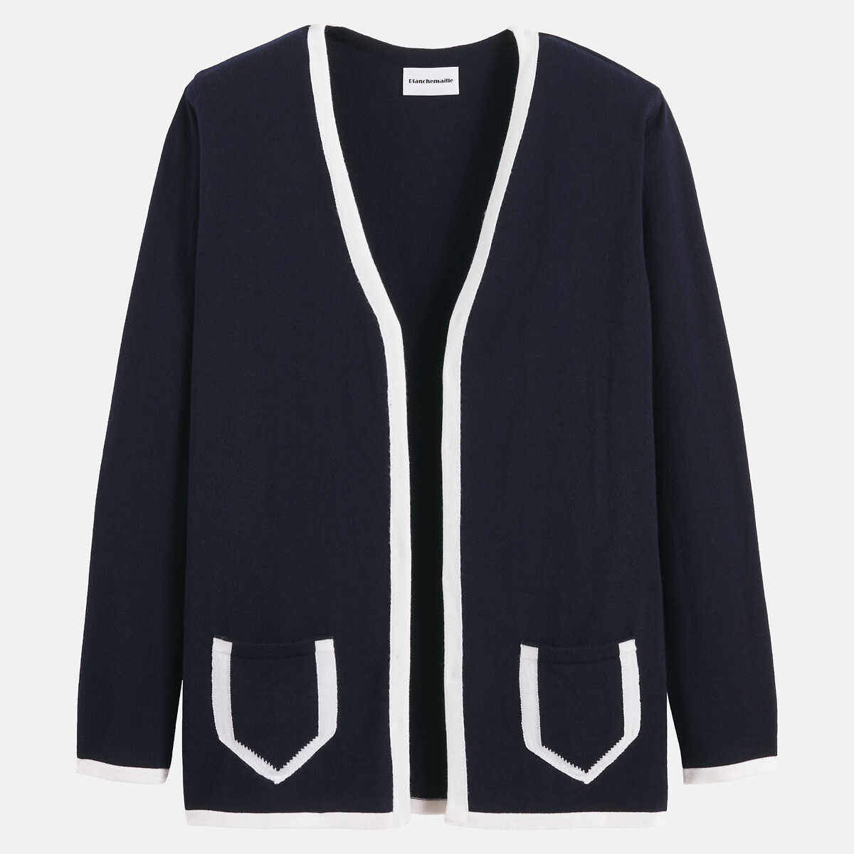 Merino Wool Long Open Cardigan navy blue, BLANCHEMAILLE